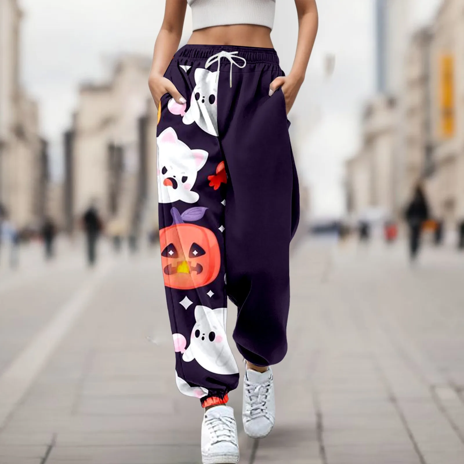 

Cute Funny Pumpkin Ghost Print Halloween Pants For Women Elastic High Waist Drawstring Sport Casual Trousers Baggy Sweatpants