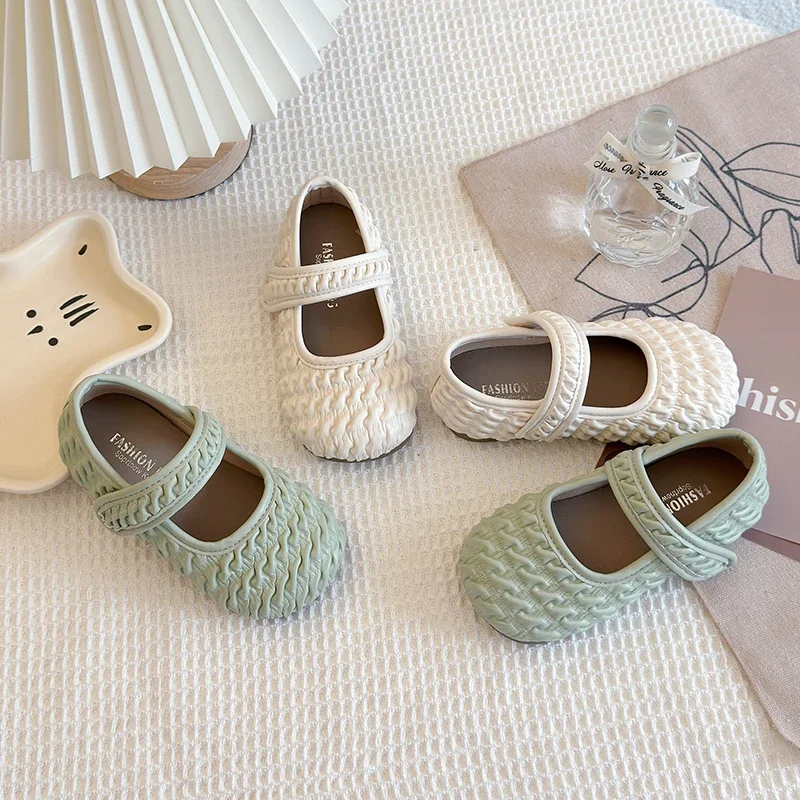 

New Children's Shoe for Girl Fashion Green Beige Versatile Kids Princess Leather Shoes Trend Pleated Toddlers Causal Flat Shoes
