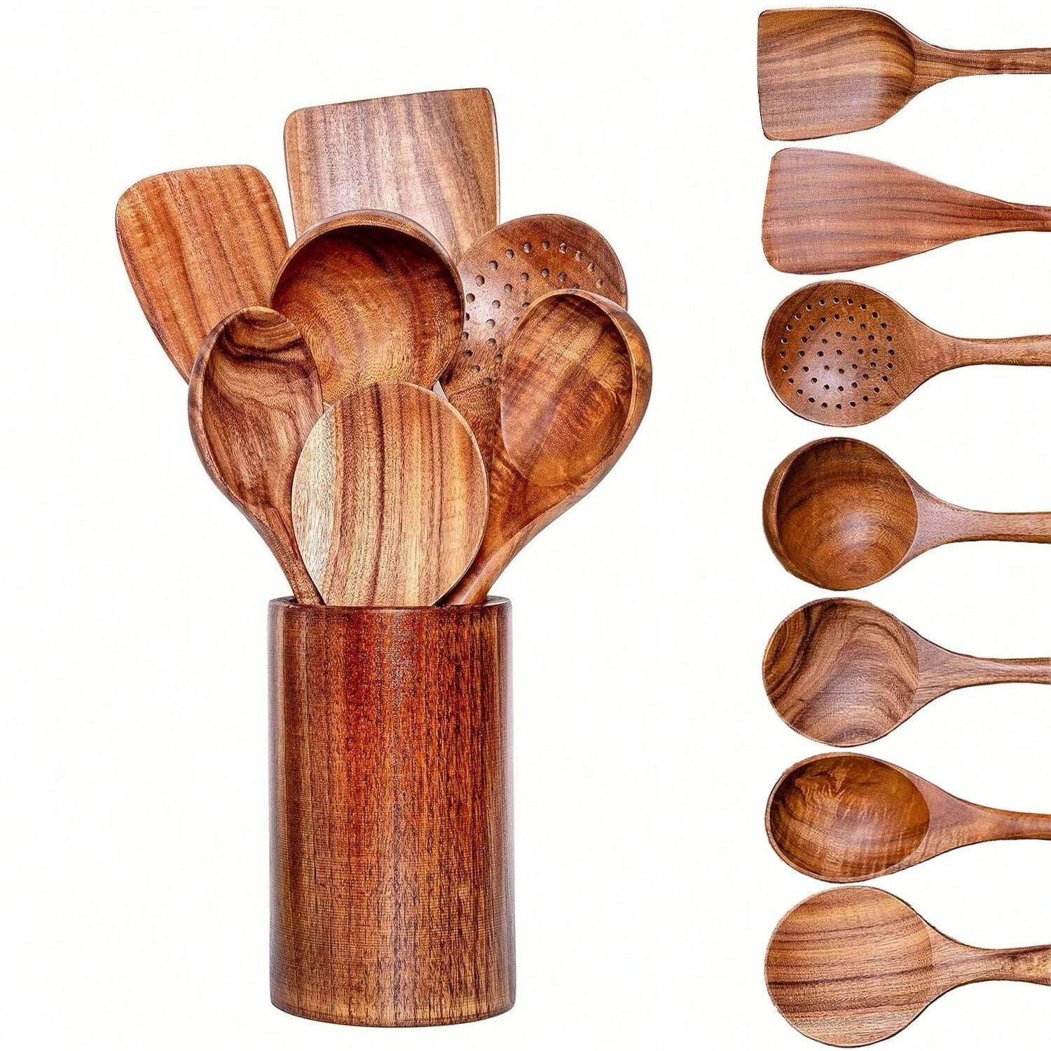 

8pcs Wooden Spoons for Cooking, Wooden Kitchen Utensils Set with Utensils Holder, Comfort Grip Cooking Utensils Set for Kitchen