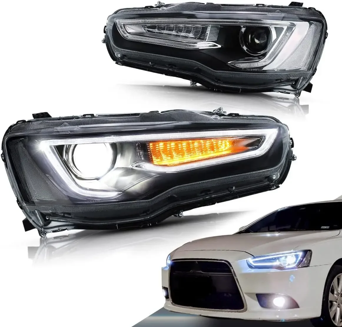 Led Headlights Compatible with Lancer& EVO X 2008-2020 Projector Front lamp Assembly w/Clear Lens w/Sequential w/Black Hou