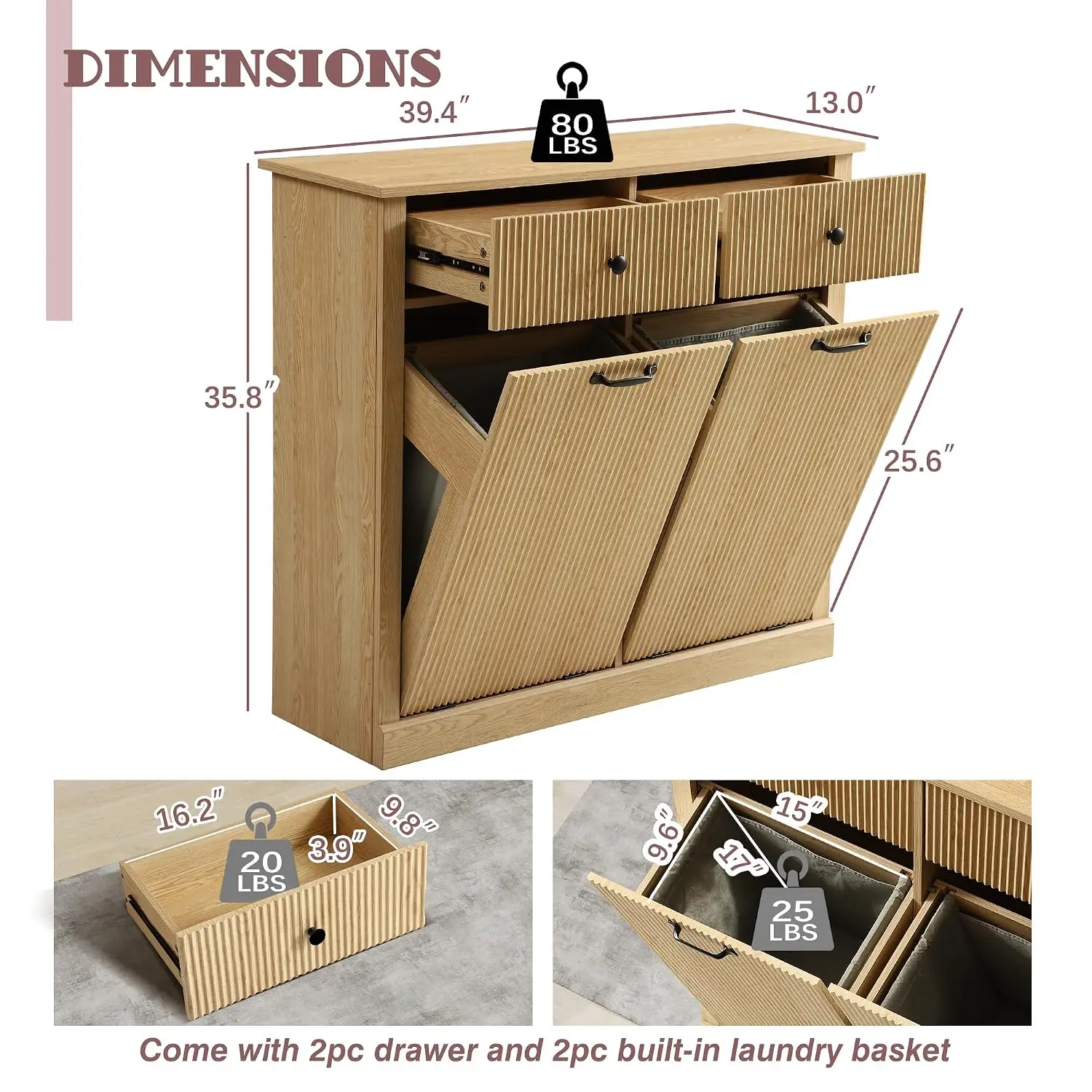 Double Tilt Out Laundry Hamper Cabinet, Modern Fluted Trash Can Cabinets with Drawer, Wooden 22 Gallon Hidden, Customized