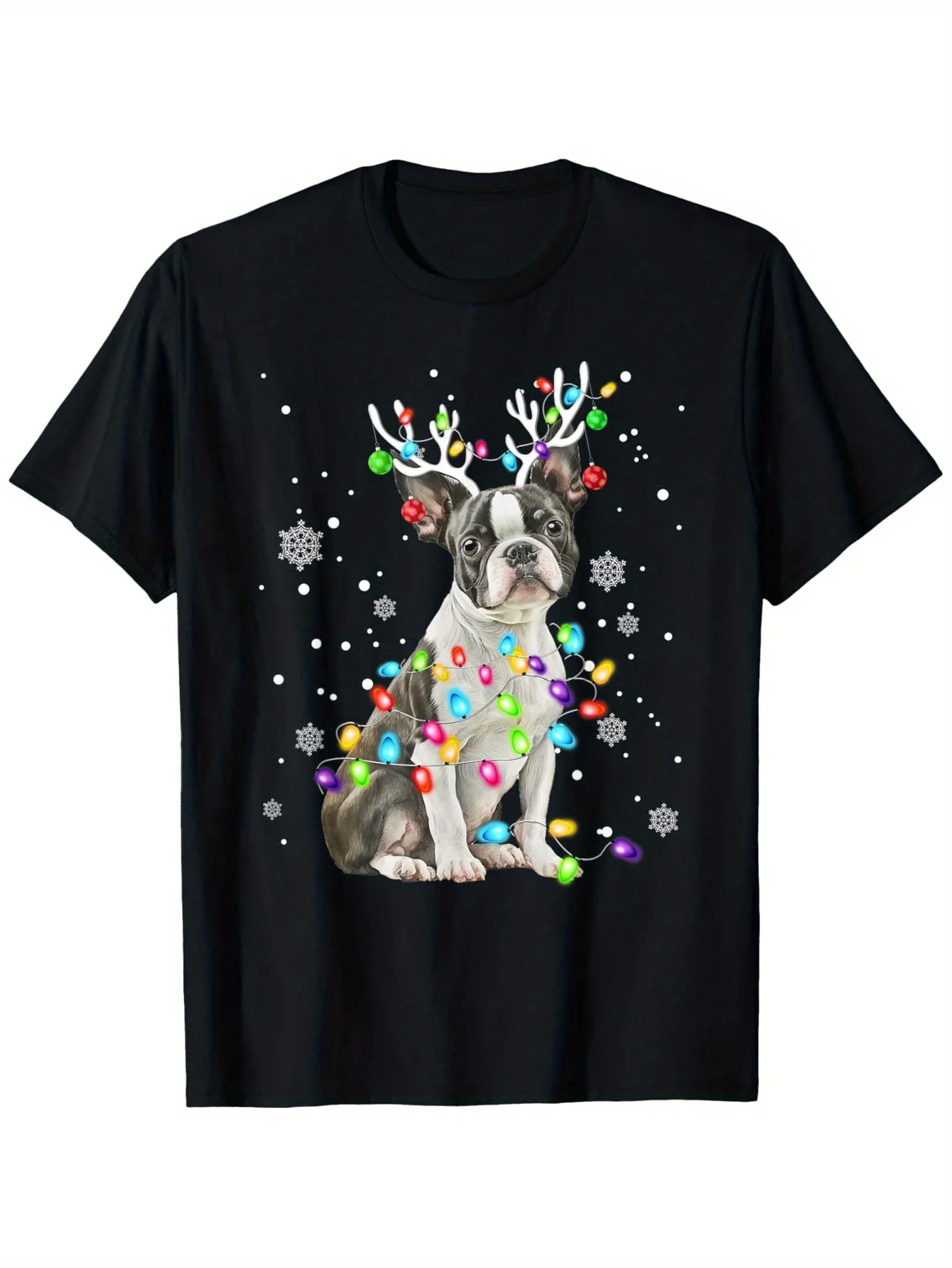 

Christmas Lights Boston Terrier Dog Graphic Tee Cute Holiday Reindeer T-Shirt Men Women
