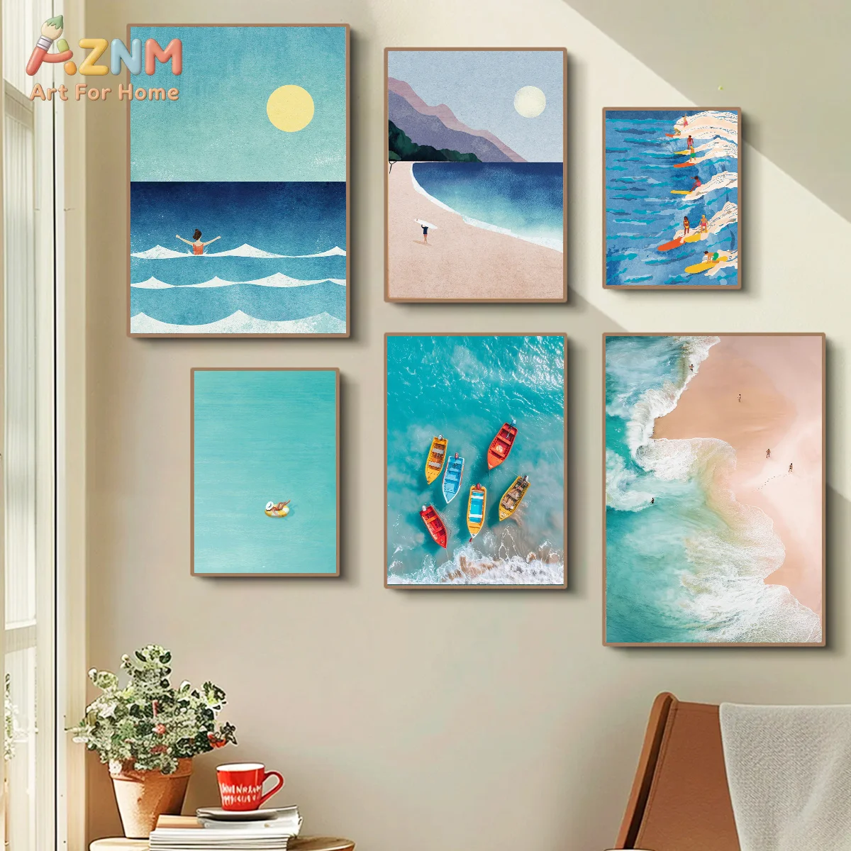 AZNM Summer Beach Pool Canvas Wall Art Abstract Swimming Figure Ocean Coastal Boho Modern Art Print Living Room Decor Poster