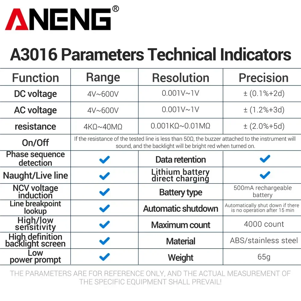 ANENG A3016 Pen Multimeter Rechargeable Voltage Test 600V AC DC NCV Induction Zero Live Wire Breakpoint Detection Electrician