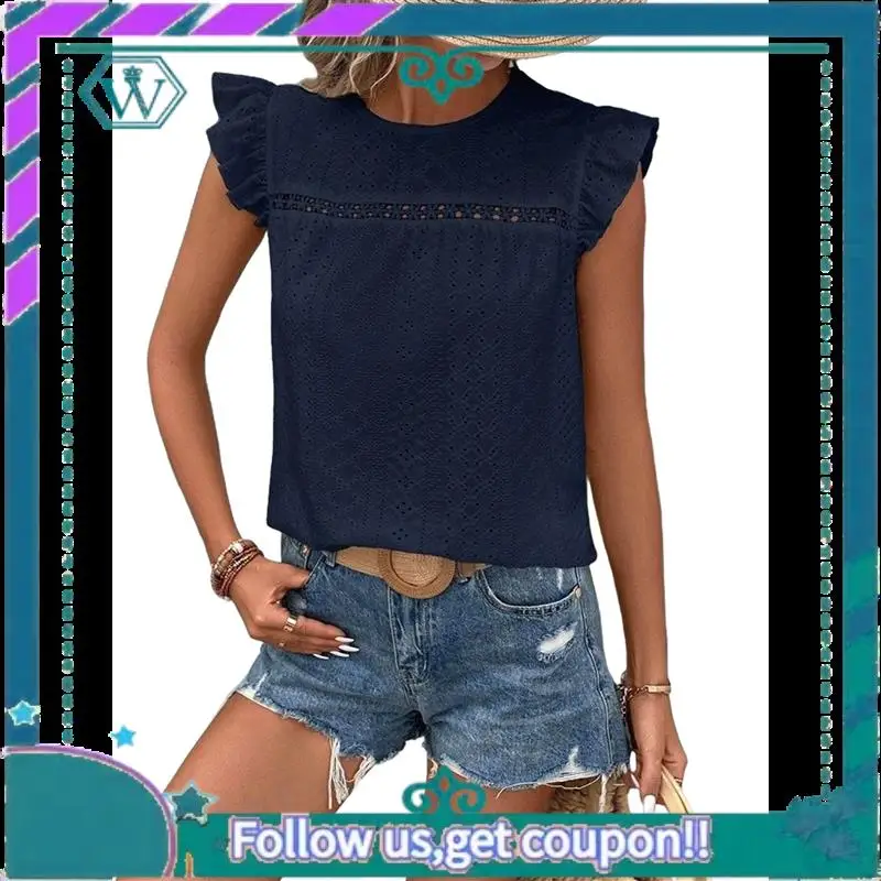 

A09P Women Summer Eyelet Tops Dressy Casual Crew Neck Ruffle Cap Sleeve Boho Shirts Lace Embroidered Blouses 2025