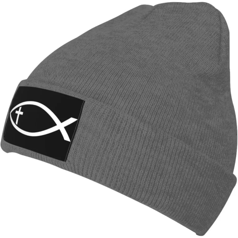 Ichthus With Cross Christian Fish Symbol Beanie Hats Men Warm Hats Womens Knit Stocking Hats Skull Cap Deep Heather