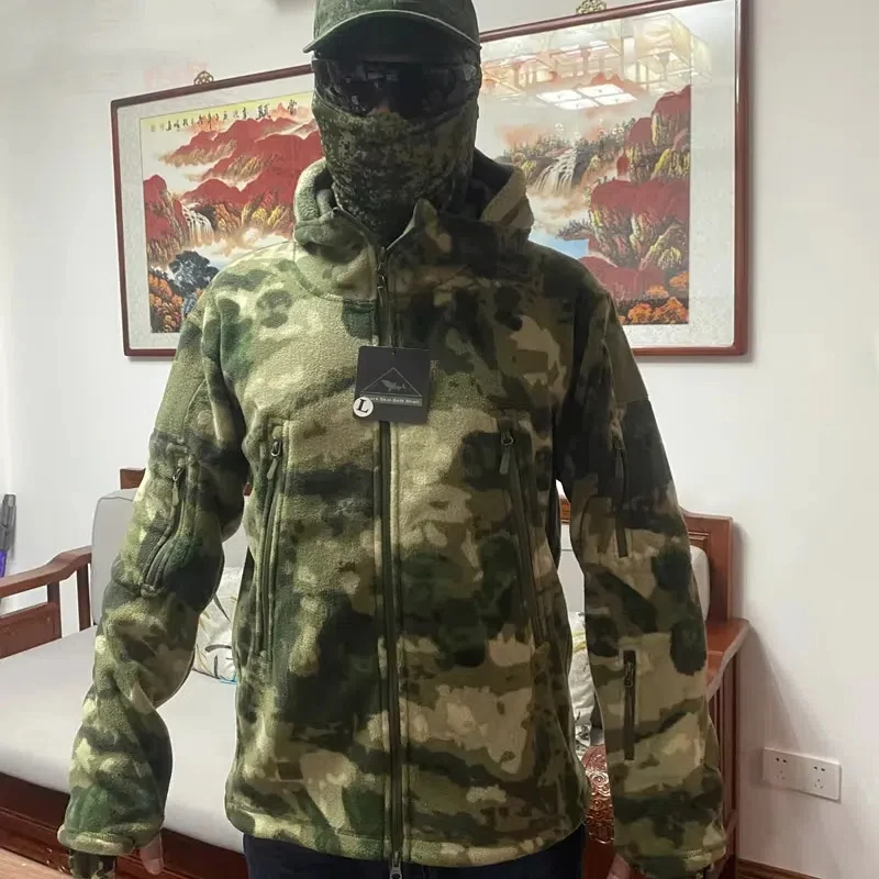 Russian Camouflage Plush Top Outdoor Mountaineering Cycling Warm Breathable Thickened Men With Hooded Trench Coat EMR