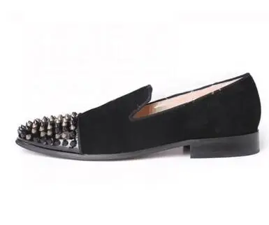 Drop Shipping Black Genuine Leather Suede Sliver Spike Rivet Flat Shoes Men Round Toe Low Top Slip On Patchwork Loafers Flats