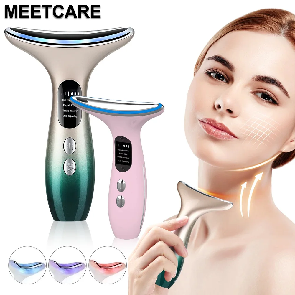 EMS LED Light Neck Face Massage 3 Colors Electric Vibration Hot Compress Skin Lift Tighten Smooth Firm Repair Skin Rejuvenation