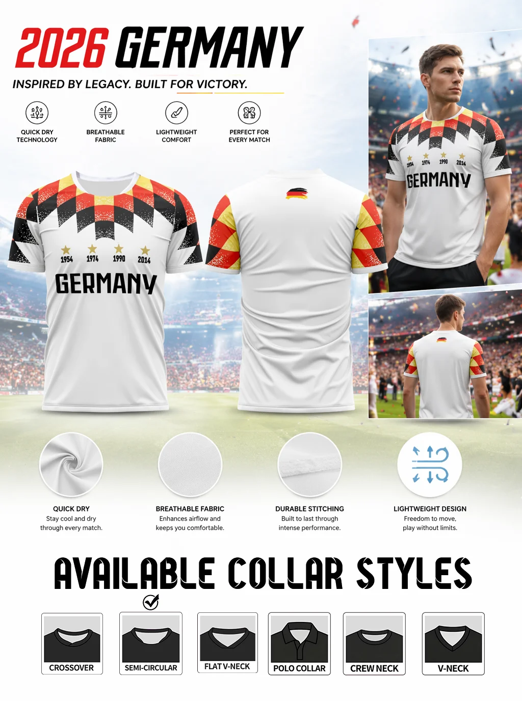 Trendy fan jersey with plain white back and striking geometric sleeves for classy, eye‑catching match‑day outfits