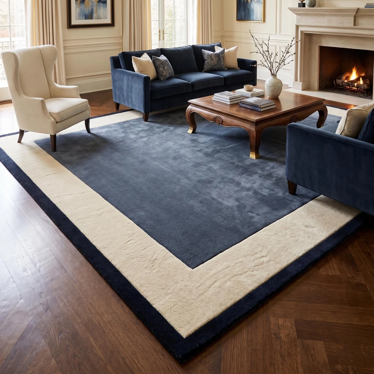 Room Decor Rug  H1and Tufted Navy Blue Area Rug with Cream Border, EleG1ANT Solid Color Carpet, Cozy Minimalist H1andmade Wool Rug for Living Room, Border rug