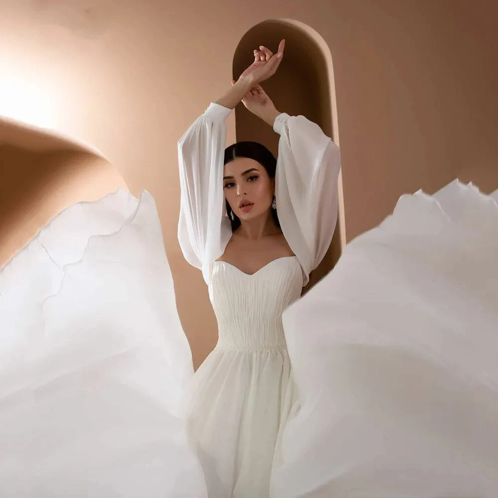 Sleeves Backless Chiffon Bridal Gowns Robe De Mariee Court Train For Elegant Women Simple Strapless Wedding Dresses Puff