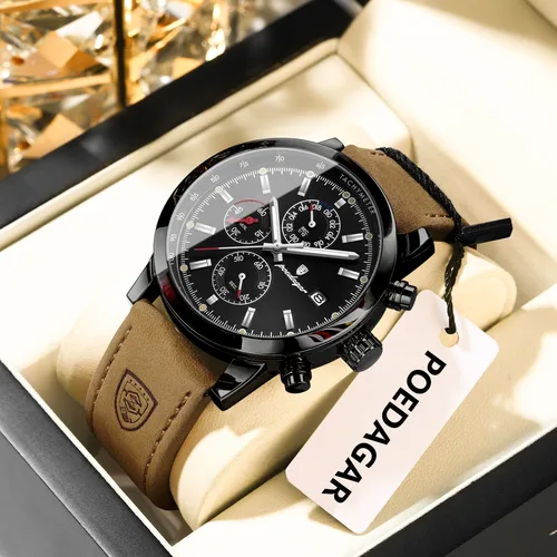 Imagen 2 del producto Reloj POEDAGAR de cuarzo a la moda para hombre, cronógrafo luminoso resistente al agua con fecha, Reloj de cuero para hombre, relojes de negocios de lujo para hombre, Reloj