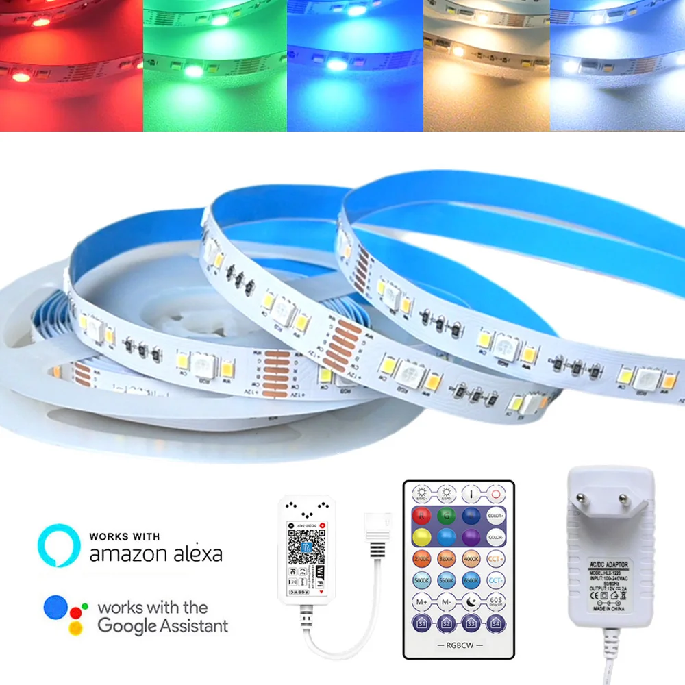 

Светодиодная лента Wi-Fi RGB + CCT 5 м 5050 RGBCW Гибкая регулируемая лампа для декора комнаты с 28 клавишами, дистанционное управление, приложение Magic Home для Alexa Google