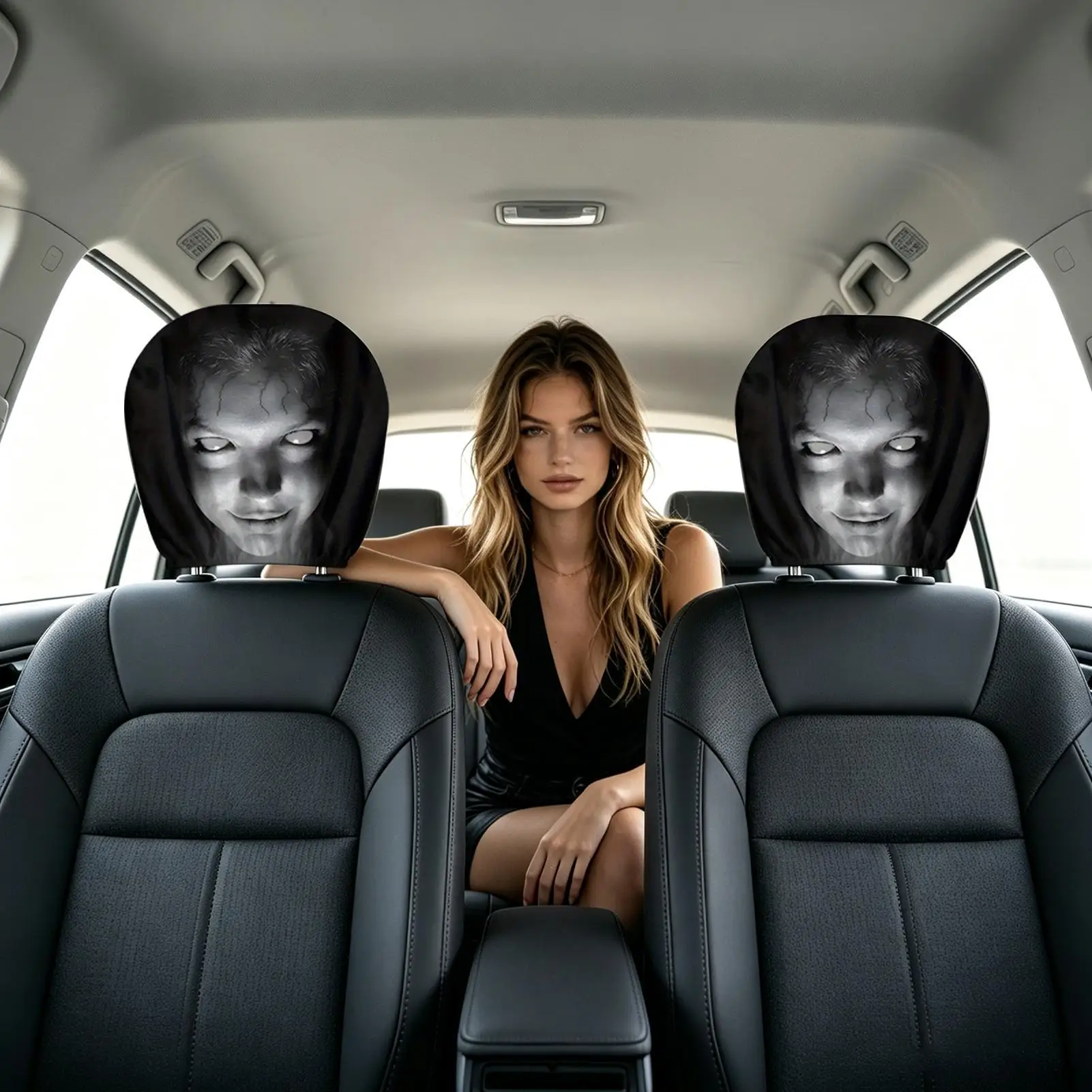 1 Pair Terrifying Smiling Face Car Headrest Covers Auto Seat Ghost Headrest Cover Smiling Spooky Scary Printing Headrest Case
