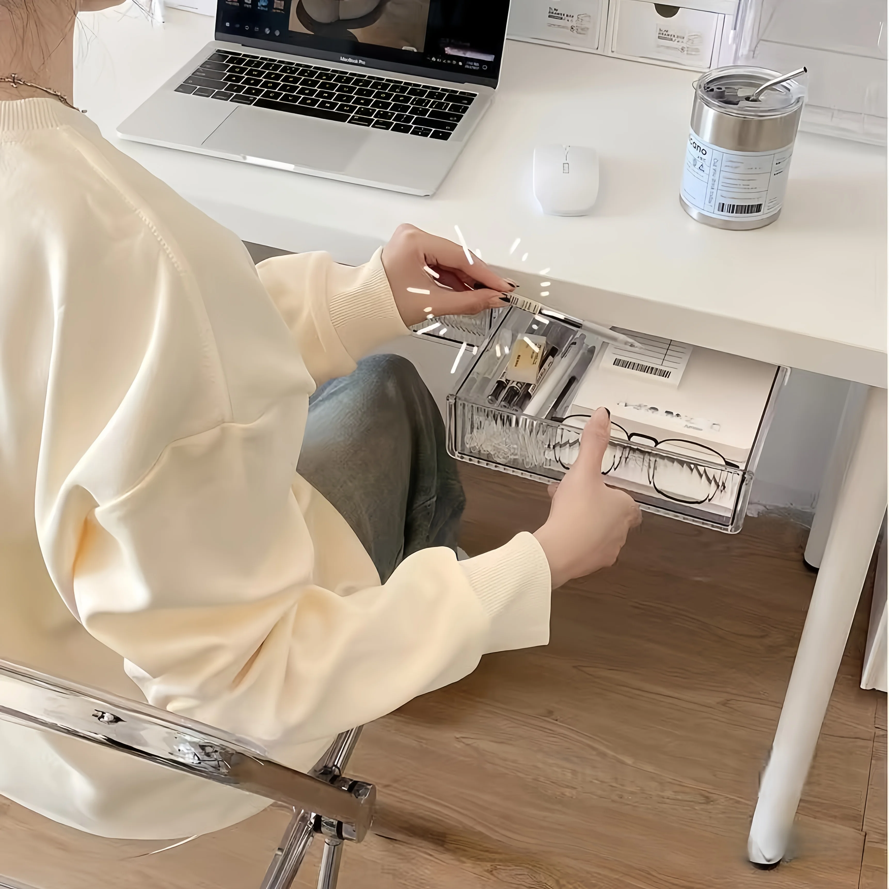 1pc 책상 아래 투명 서랍 정리함, 화장품 문구류를 위한 벽걸이형 보관함 사무실 학생 컴퓨터 책상 가정용 썸네일 6