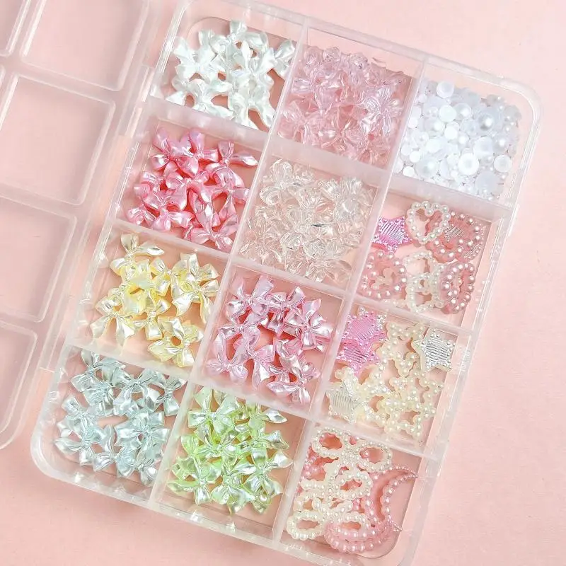 1Box Multiple Style Ribbon Bows Nail Charms Hollowed-out Star Aurora Series Bowknots Nail Art Decorations for DIY Nails Crafts