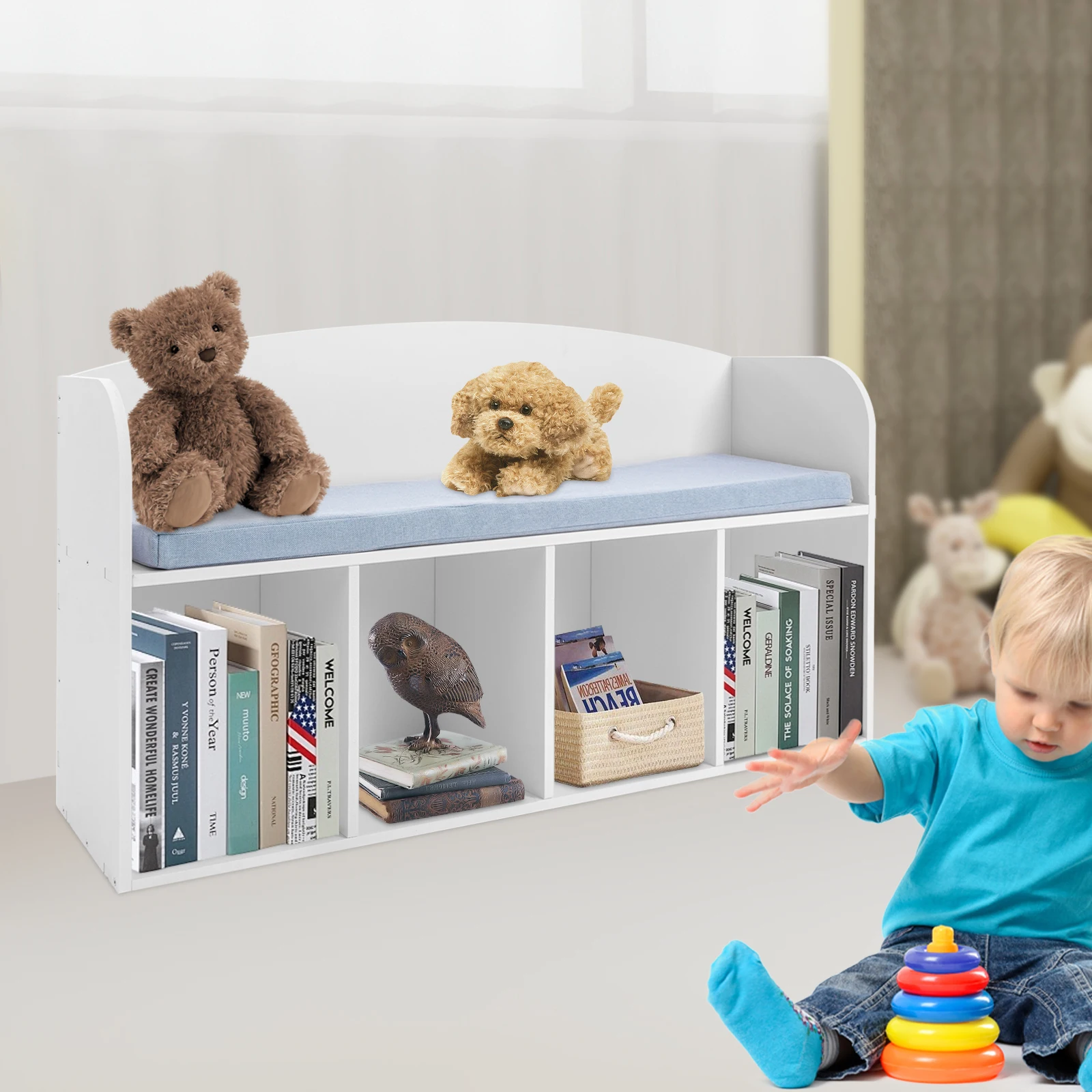 Kids Book Display Case with Soft Cushion, Storage Bench with Book Rack, Low Square Book Cabinet for Living Room Bedroom Decor