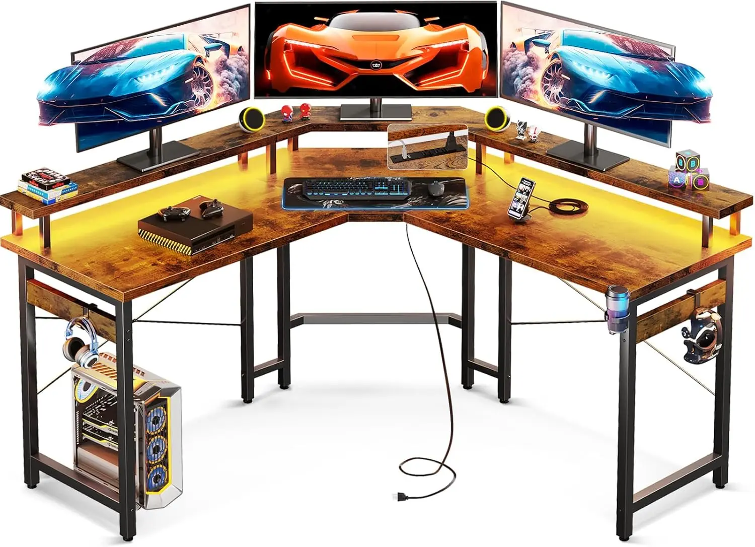 ODK L Shaped Gaming Desk with LED Lights & Power Outlets, 51