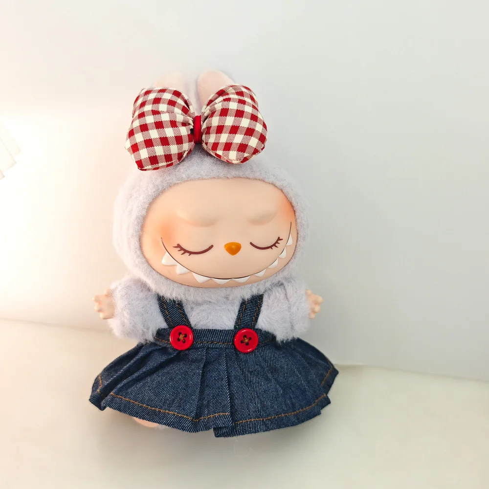 

Labubu Doll Clothes & Accessories Denim Skirt With Red Bow Headband Set Trendy Outfits for Labubu Collectibles