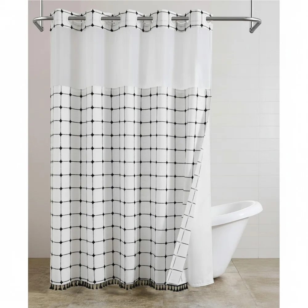 

No Hook Shower Curtain with Snap-in Liner, Boho Farmhouse Black White Woven Jacquard Grid Pattern Bathroom Decor