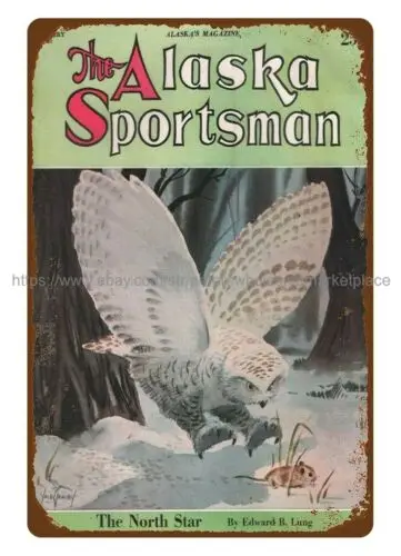 1951 The Alaska Sportsman magazine cover owl hunting rat metal tin sign