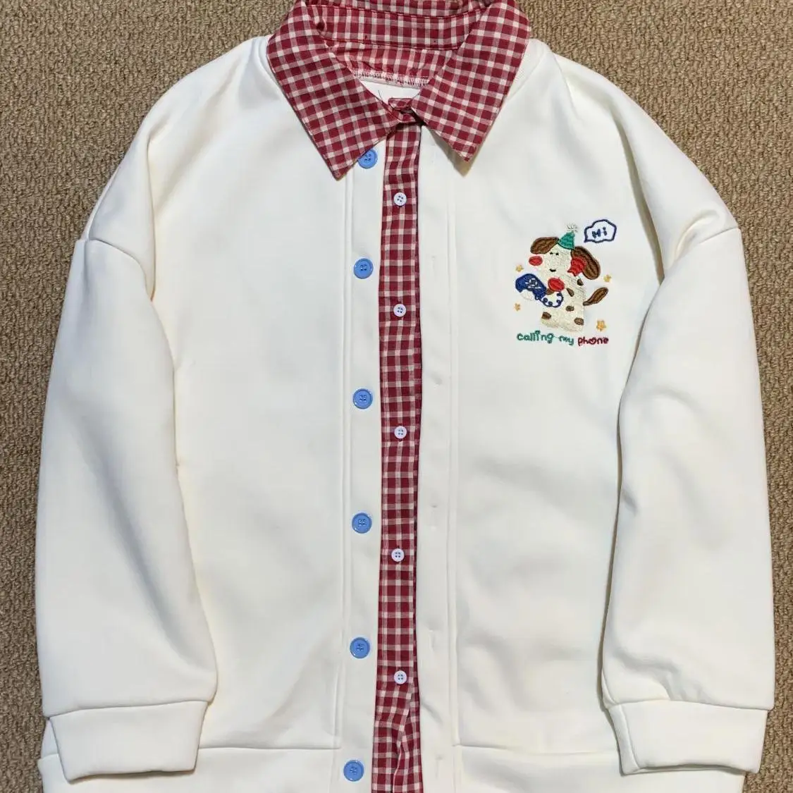 Campus Sweet Oversized Button‑Up Sweatshirt Cardigan Gingham Plaid Collar Placket Cartoon Dog Embroidery Loose Preppy Outerwear