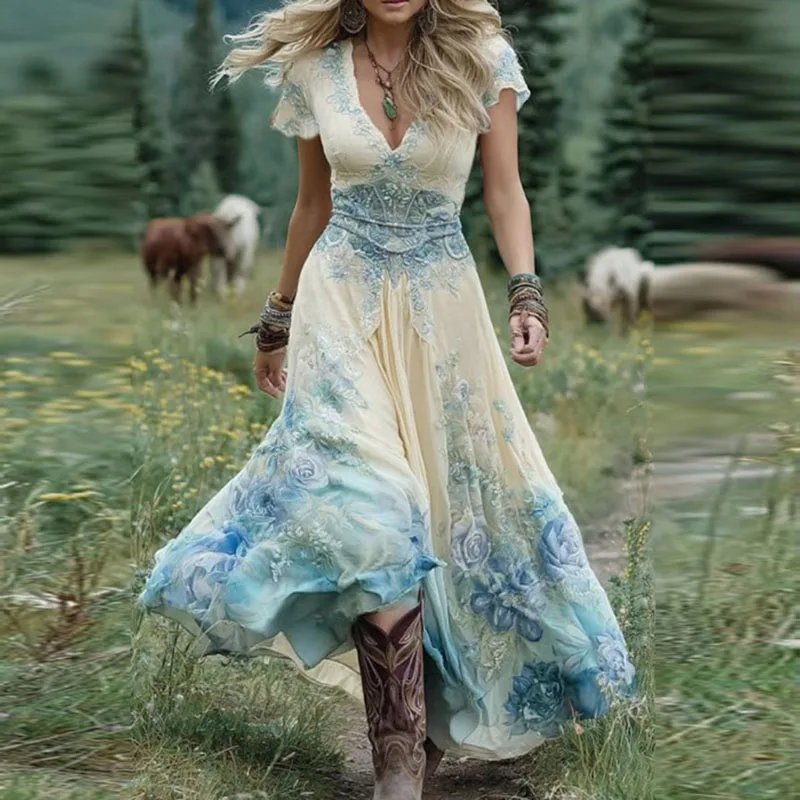 Abito lungo sexy retrò etnico con scollo a V Donna Elegante Boho Stampa A-Line Abito maxi con maniche corte estivo Abito da sera per le vacanze