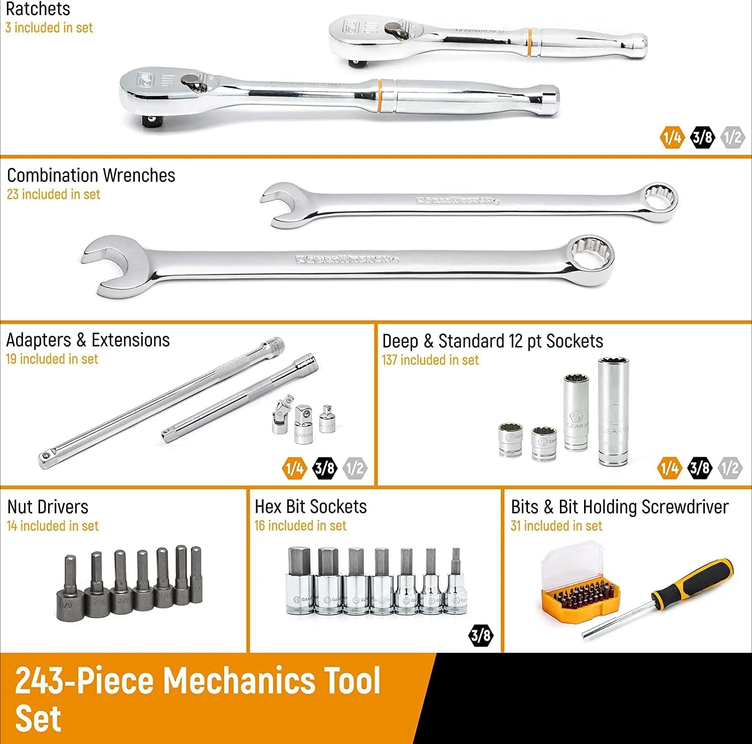 243 Pc. 12 Pt. Mechanics Tool Set in 3 Drawer Storage Box - 80972