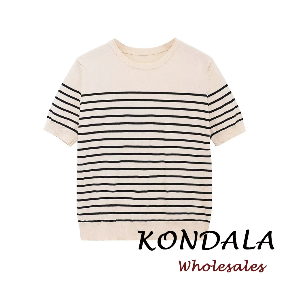 KONDALA Schicker Gestreifter Streetwear O-Ausschnitt Lässiger Damen-Modepullover Frühling 2026 Locker Sitzender Kurzarm-Pullover Damen-Strickwaren
