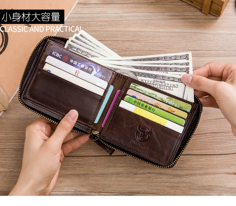 محفظة بسحاب أفقي من الجلد الطبيعي للرجال مع فتحات متعددة وحامل بطاقات عمل ومحفظة عمل مربعة خفيفة ورقيقة #1