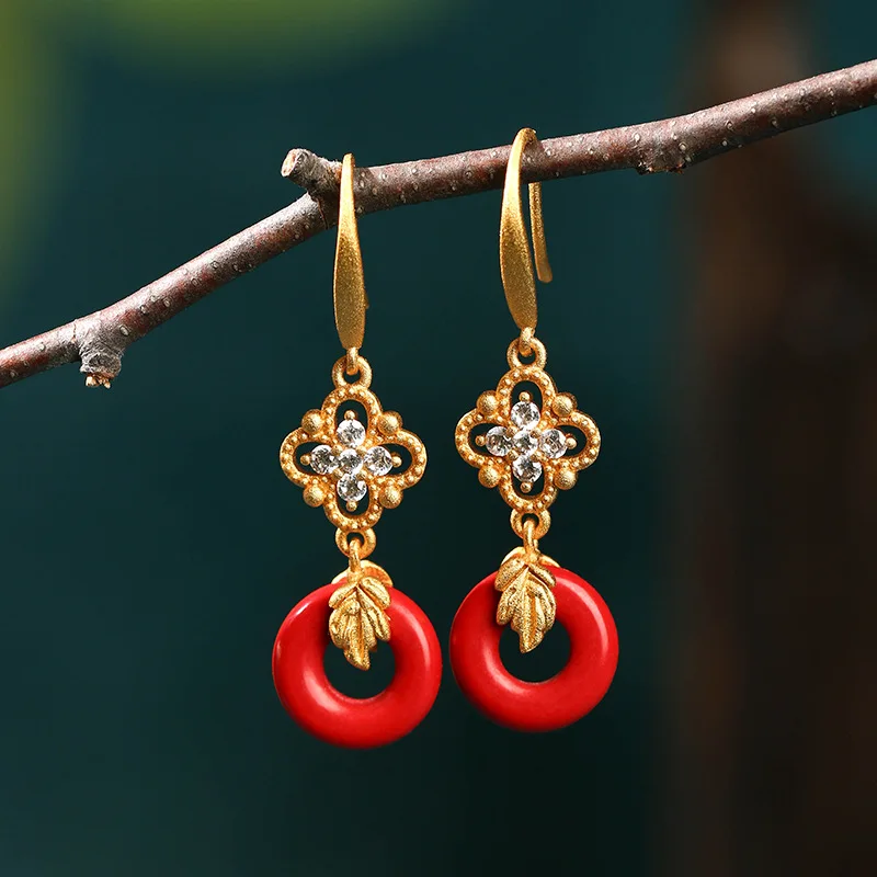 

Chinese Classical Style Cinnabar Lucky Safety Buckle Zircon Copper Gold-plated Women's Earrings Retro Jewelry