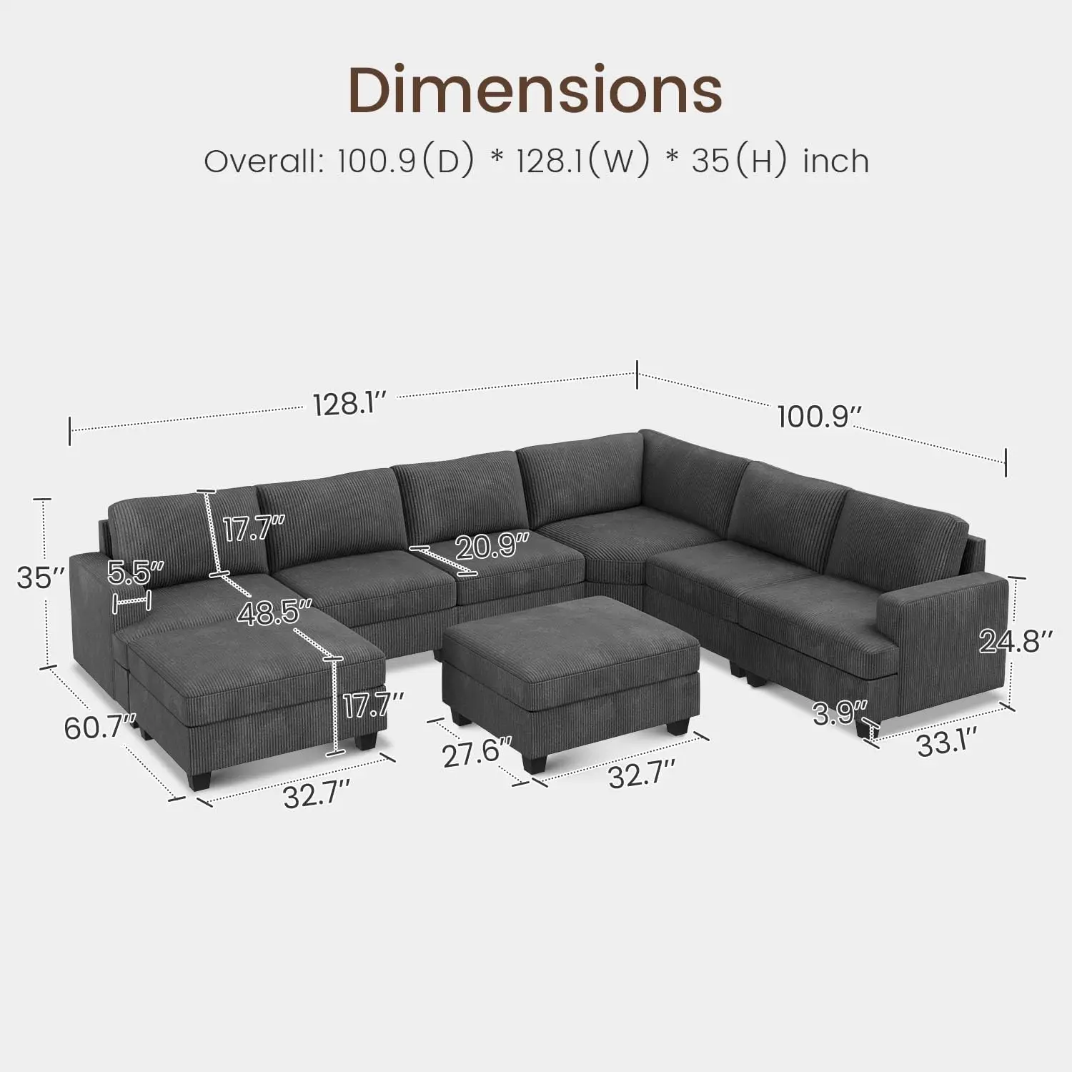 Sectional Couch with Storage Ottoman, Corduroy Modular Sectional Sofa, U Shape Sectional Couches for Living Room