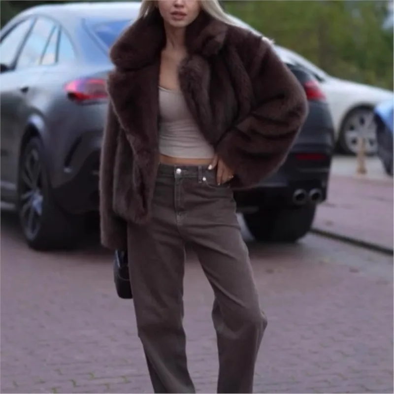 معطف فرو سميك ودافئ قصير بياقة بدلة علوية مختلطة للنساء #1