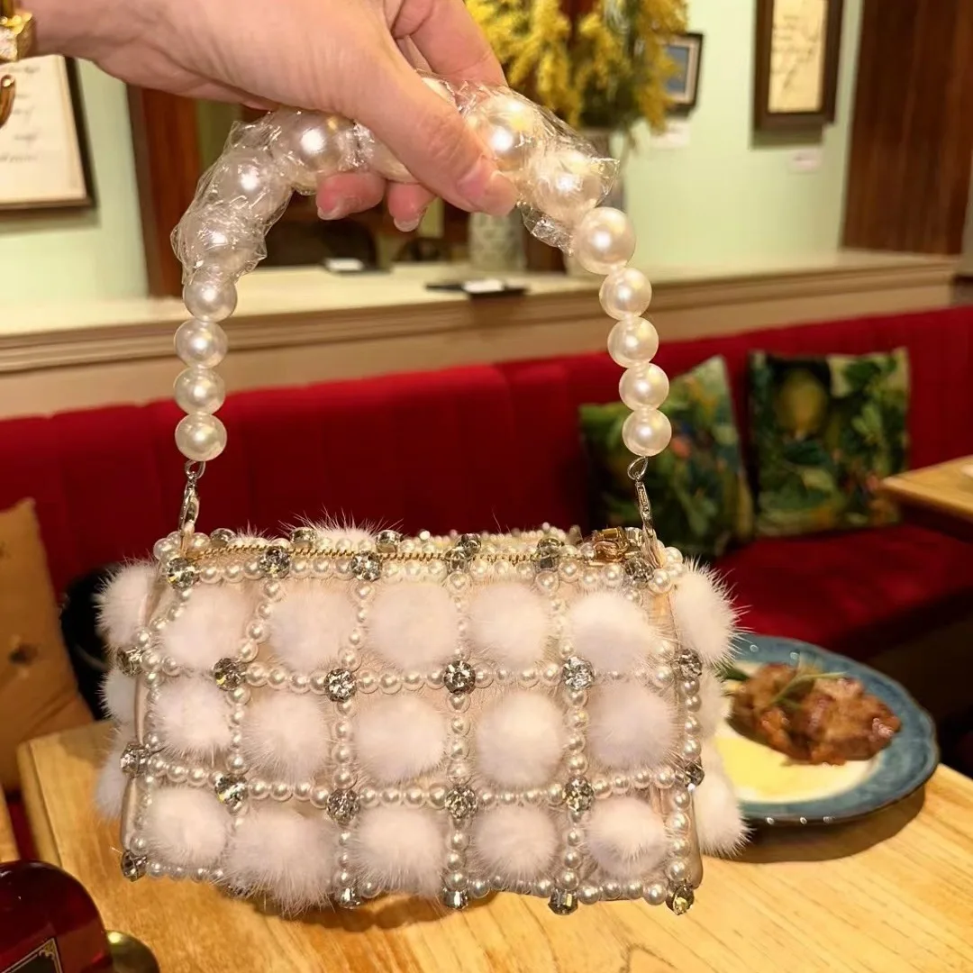 Customized Pearl Bead Bag with Ostrich Feather Fur Designer Brand Box Ladies Hand Bags Handmade Women Party Purses