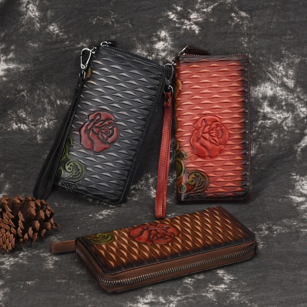 

New women's retro tree high bark polished zipper wallet hand polished practical handbag fashionable simple versatile casual busi