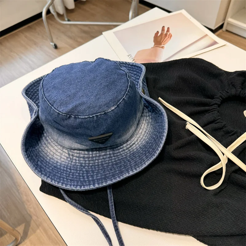 Retro Gradient Denim Bucket Hat Wide Brim Sunshade Outdoor Camping Climbing Adjustable Windproof String Breathable Unisex Cap