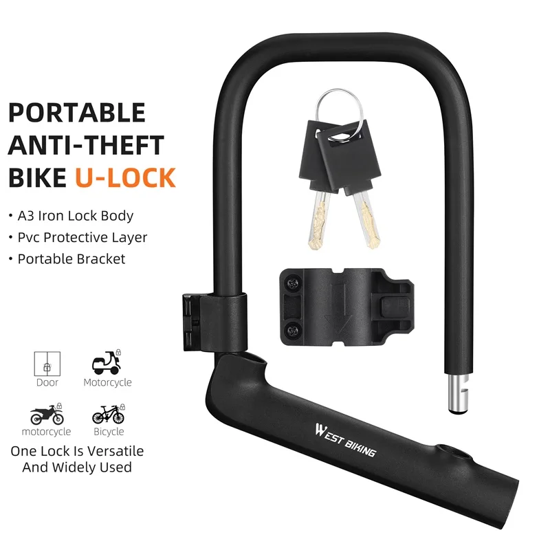 WEST BIKING Bicycle U Lock MTB Road Bike Padlock Portable Anti-theft Safety Motorcycle Scooter Cycling Lock Bicycle Accessories