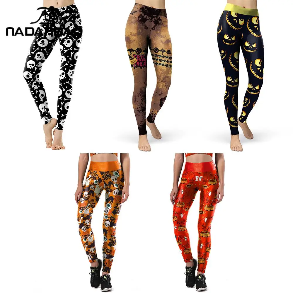 Nadanbao Skull Ghost Printed Women Leggings High Waist Elastic Pants Yoga Sport Fitness Trousers Halloween Holiday Party Bottoms