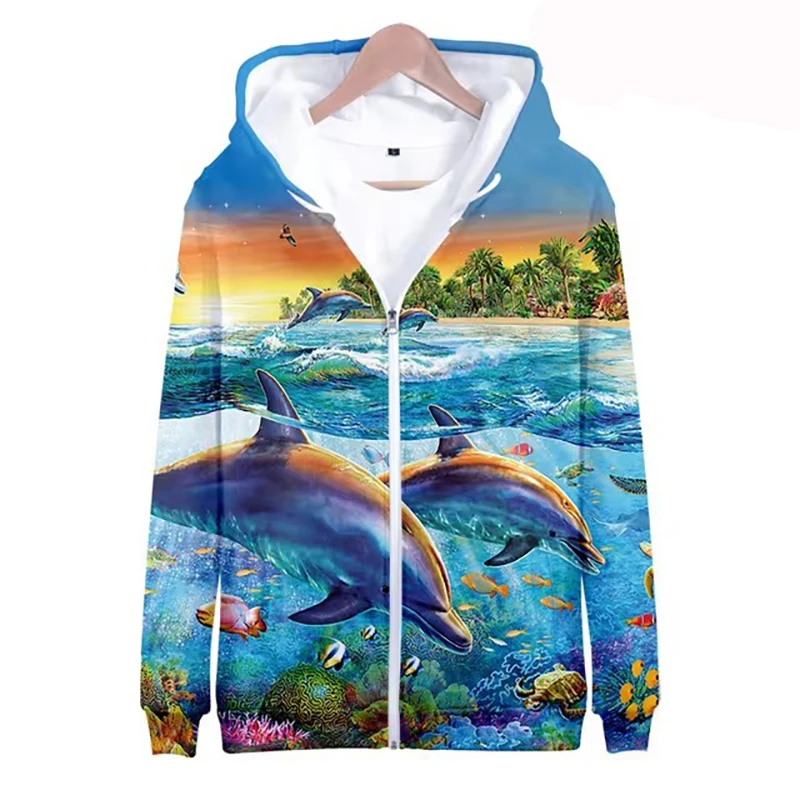 Animal Dolphin Pattern 3D Print Zipper Hoodies Men's Fashion Streetwear Hooded Sweatshirts Oversized Tracksuit Kid Coat Clothing