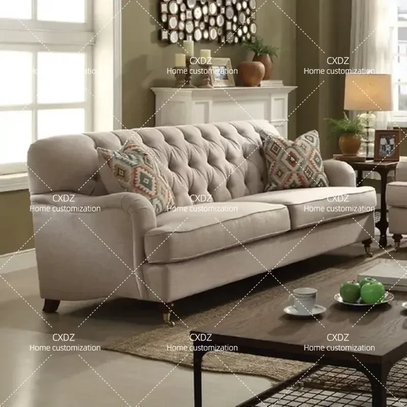 Nordic Solid Wood High Back Sofa with Fabric and Buckle Detail Single Double Three Seater for Small Apartment Living Room