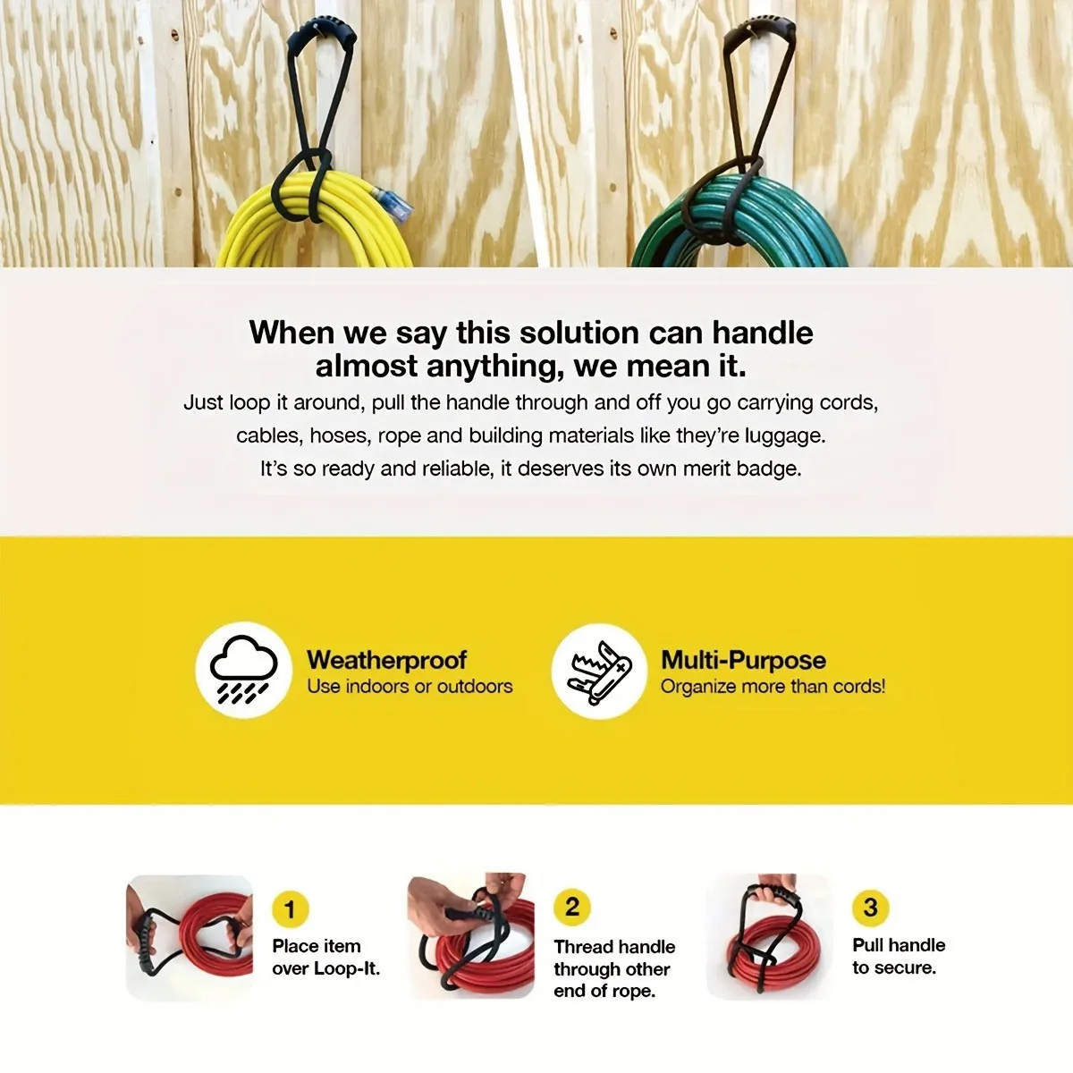 Correa de almacenamiento versátil con asa, organizador Ideal para mangueras, cables, multiusos para el hogar, garaje, barco, accesorio RV, 1 ud.