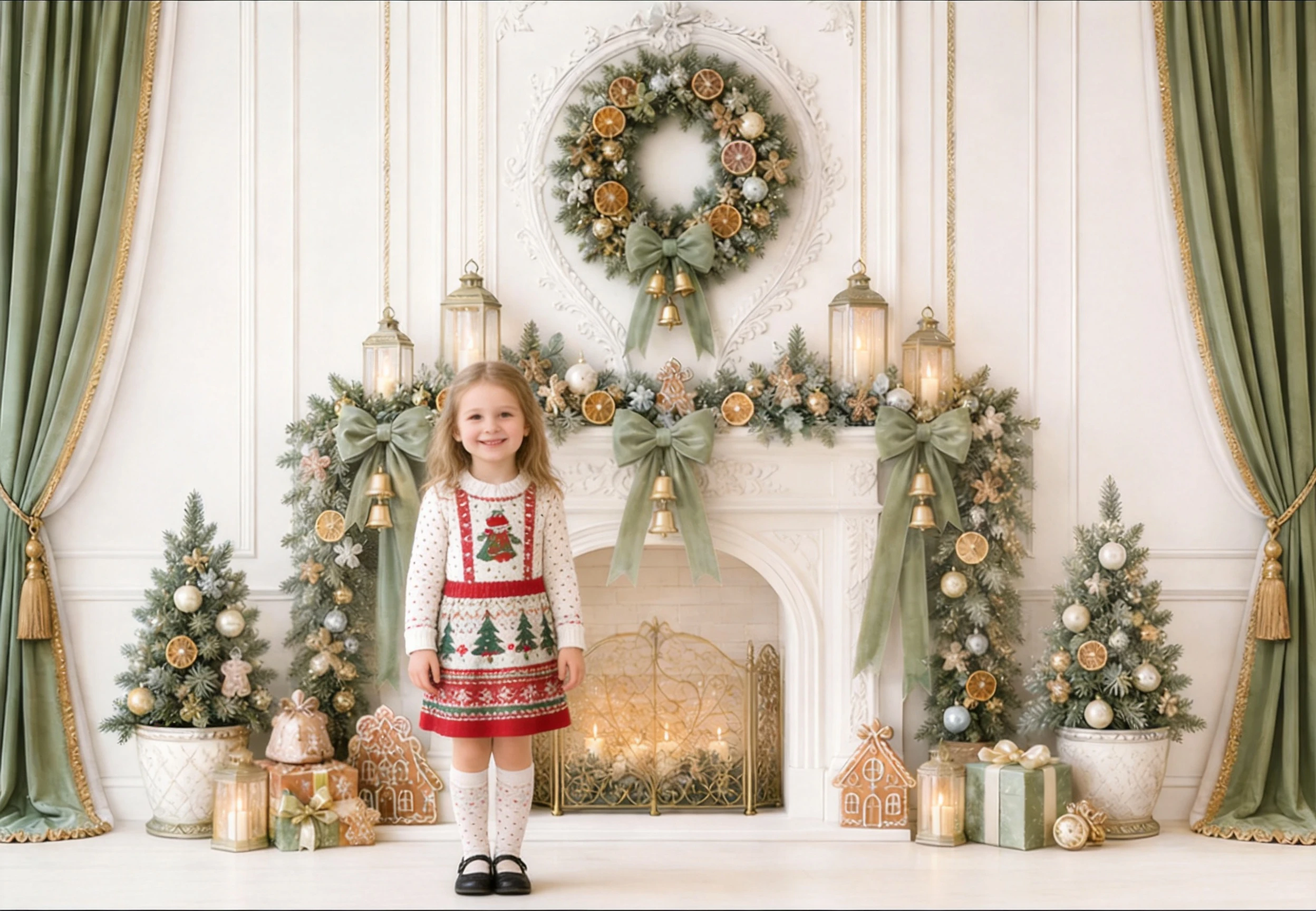 Soft Sage Green Velvet Bow White Vintage Christmas Window Xmas Photo Backdrop Children Adults Portrait Photography Background