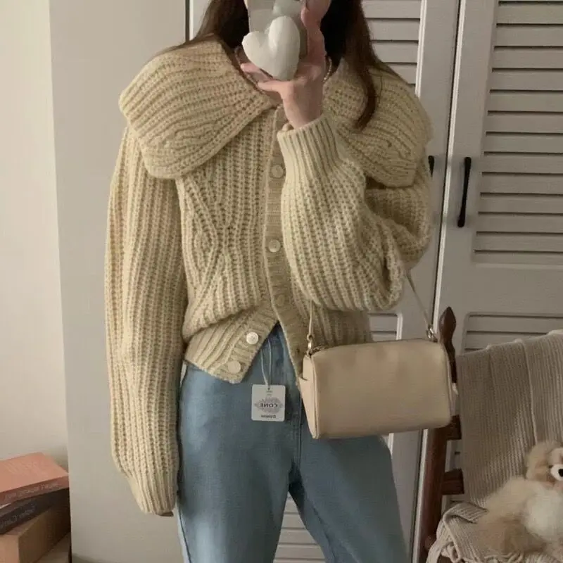 

Свободный мягкий свитер в стиле ретро с большим воротником, женский весенне-осенний вязаный открытый кардиган, дизайнерская верхняя одежда из грубой пряжи, длинный све