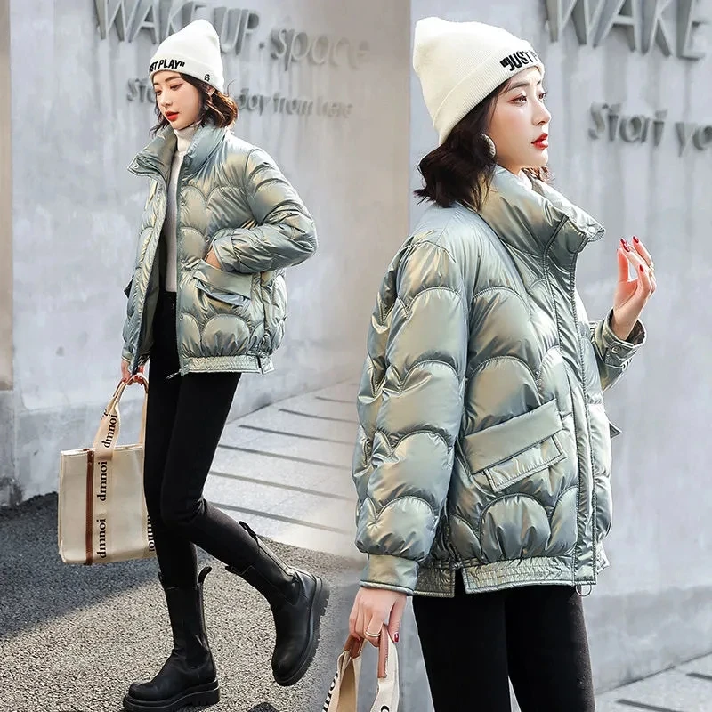 Short Shiny Jackets 2022 New Winter Women\'s Parka Stand Collar Long Sleeve Zipper Solid Thick Loose Casual Down Cotton Coats Top