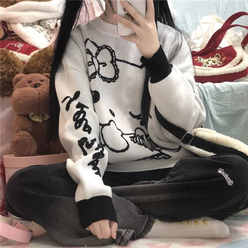 Sanrio Hello Kitty Cute Soft Y2k Girl Knitted Sweater Warm Thickened Round Neck Pullover Korean Style Trendy Versatile Sweet Top