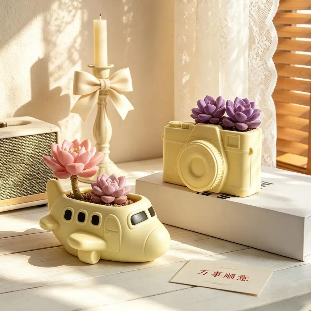 

Desk Plant Container Cute Airplane Succulents Planter Decorative Desktop Plant Pot Fun Camera Cactus Holder for Small