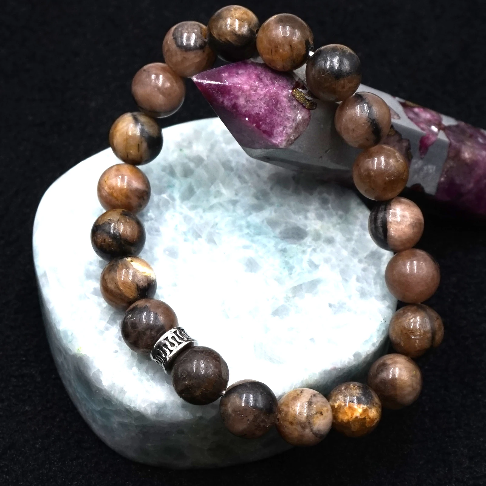 1pc Natural Gemstone Chiastolite 10mm Round Beads Elastic Bracelet for Woman Man Daily Wearing