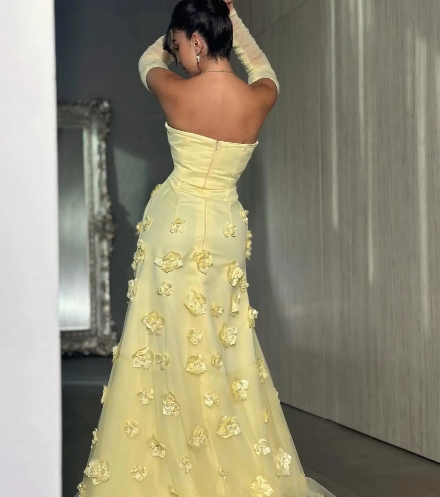 2025 Custom Made A-Line Strapless Detachable Sleeve Jersey Party Dress Classic Appliques Beading Zipper Back Evening Dress