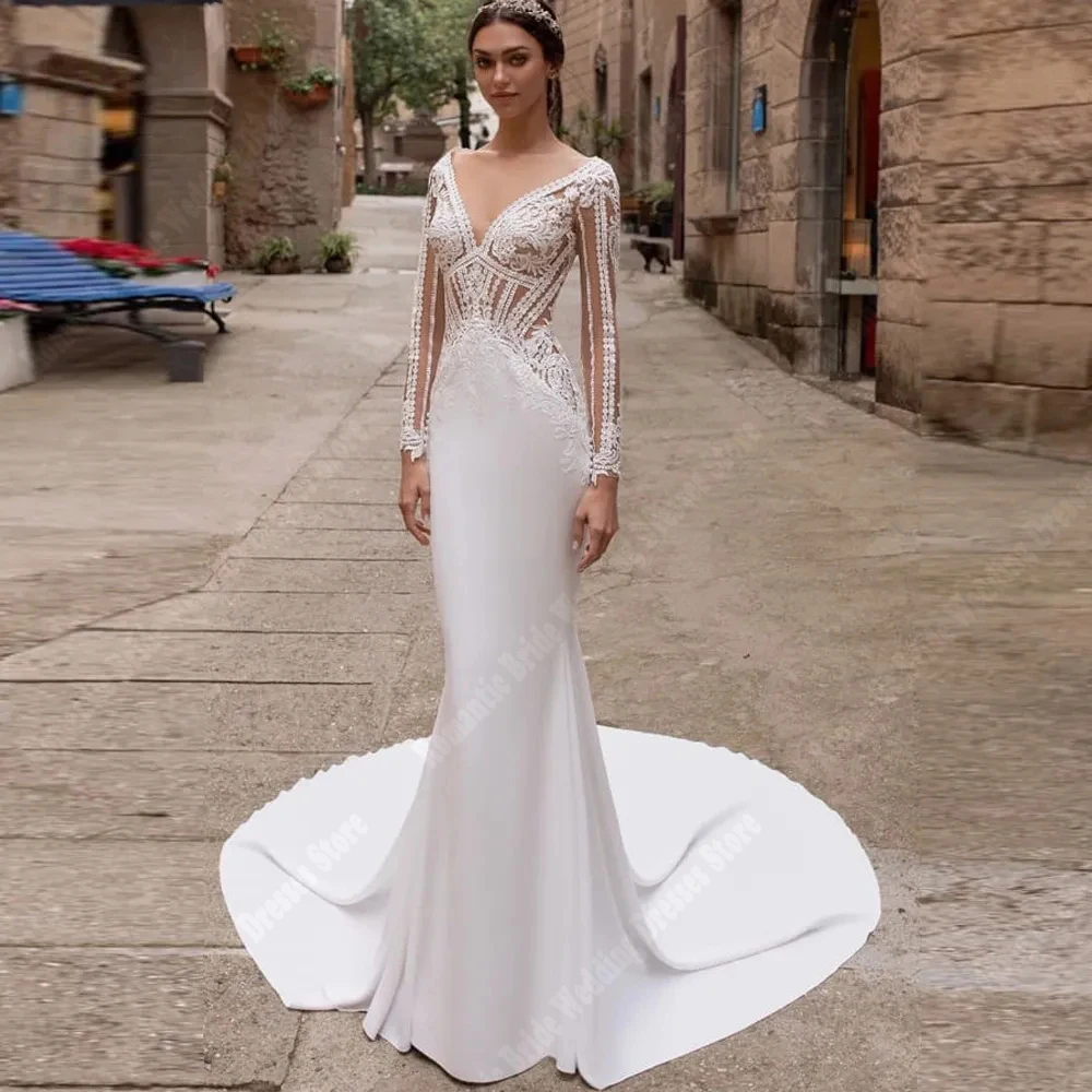 Profundo decote em v vestidos de casamento para as mulheres qualidade rendas mangas compridas sereia vestidos de baile esfregar comprimento vestidos de novia personalizado